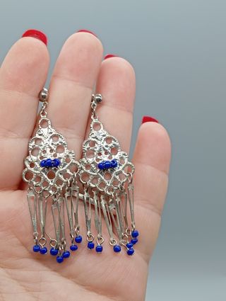 Pendientes vintage colgantes plateados y azul