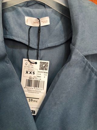 Trench Mango gris azulado XXS nuevo con etiqueta