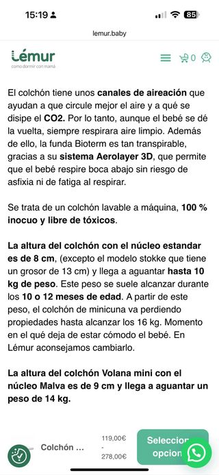 Colchón Minicuna Lemur Volana Mini 50x80