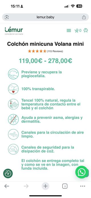 Colchón Minicuna Lemur Volana Mini 50x80