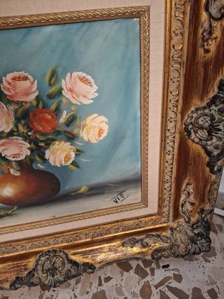 Cuadro Óleo Flores Marco Dorado