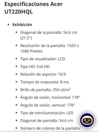 Pantalla Táctil Acer 21.5 Full HD