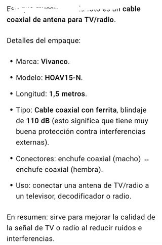 Cable Coaxial TV/Radio Vivanco 1,5m 110dB