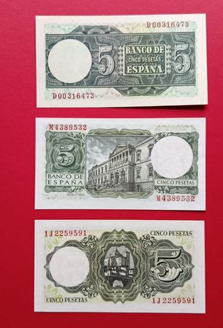 3 Billetes 5 Pesetas 1948, 1951, 1954 SC nuevos
