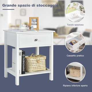 Comodino con Cassetto, Tavolino in Legno con 2 Liv