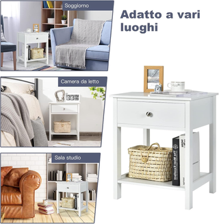 Comodino con Cassetto, Tavolino in Legno con 2 Liv