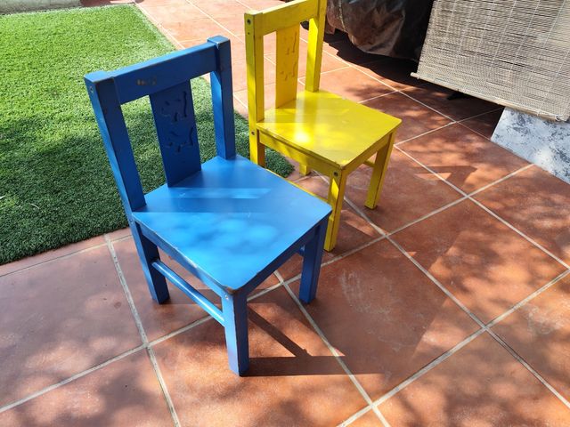 Dos Sillas de madera infantiles (azul y amarillo)