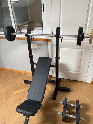 Press banca, barra, mancuernas y discos