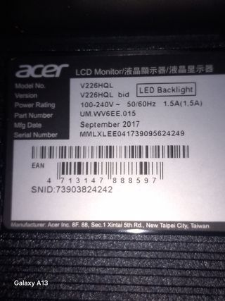 Monitor Acer V226HQL Negro