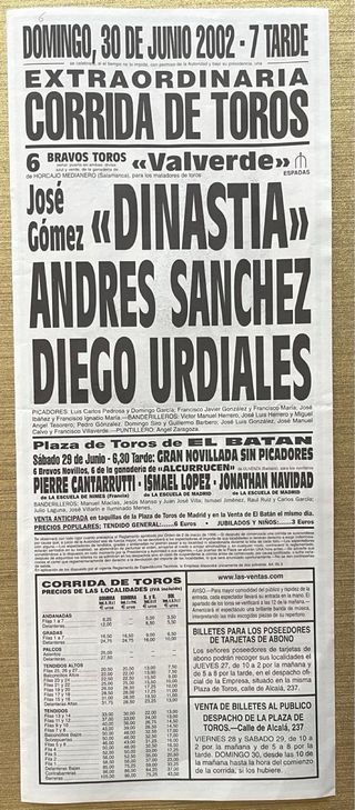 CARTEL DE TOROS DE MADRID 30/6/2002