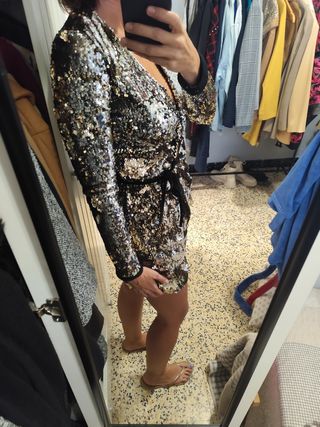 Vestido fiesta lentejuelas dorado y plateado