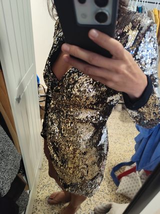 Vestido fiesta lentejuelas dorado y plateado