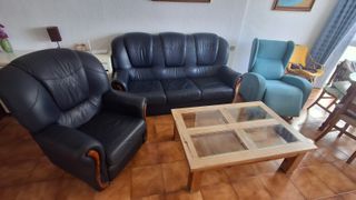 Sofá 3 plazas y sillón reclinable piel negro