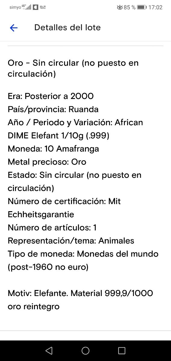 Moneda de Oro African Dime 1/10g