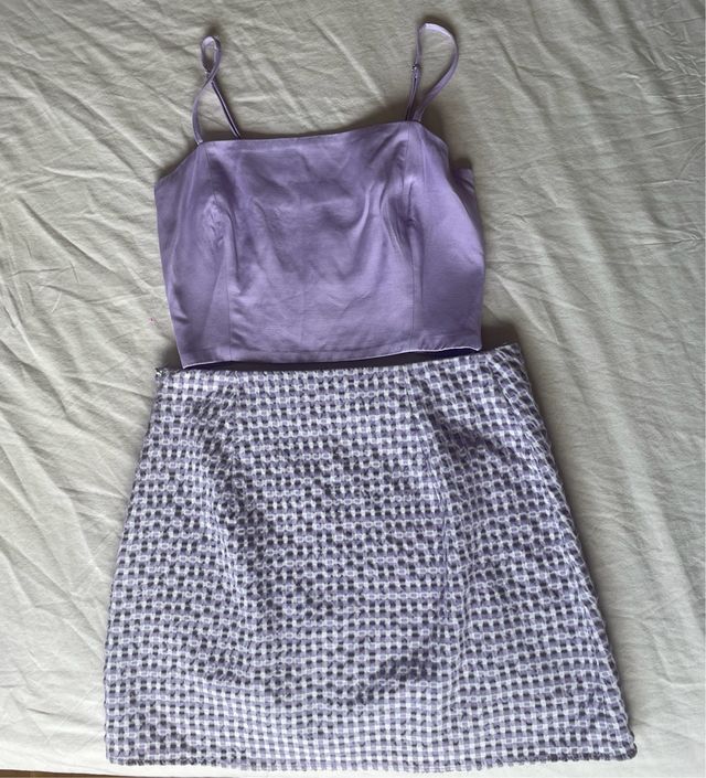 Conjunto morado top y falda cuadros