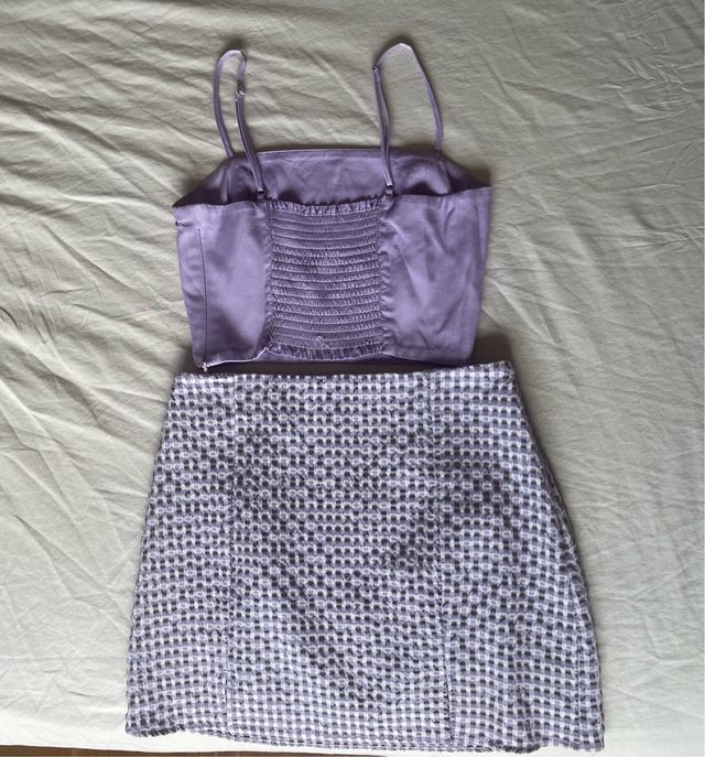 Conjunto morado top y falda cuadros