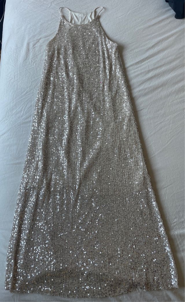 Vestido fiesta lentejuelas plata largo