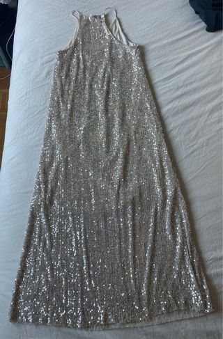 Vestido fiesta lentejuelas plata largo