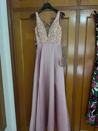 Vestido largo lentejuelas rosa y dorado