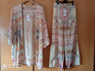 Conjunto kimono y pantalón estampado talla única