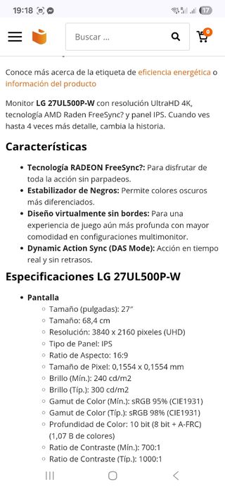 Pantalla LG 27UL500P-W 27 UHD 4K