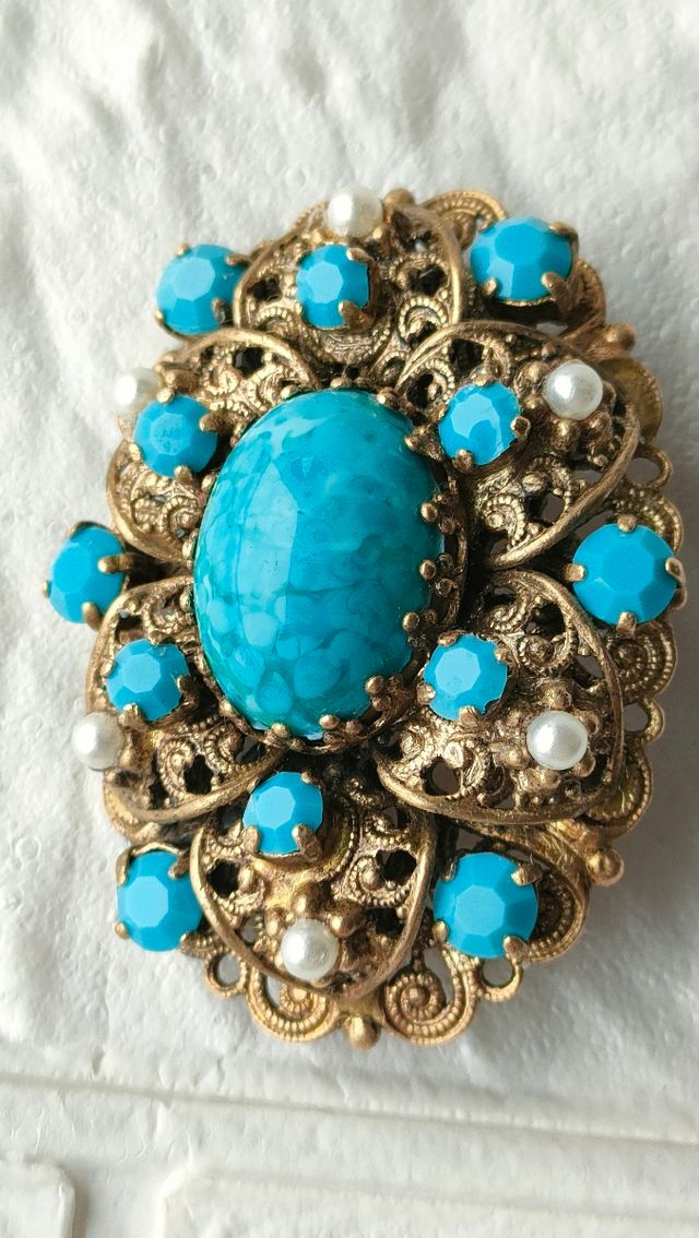 Broche Vintage Turquesa y Perlas