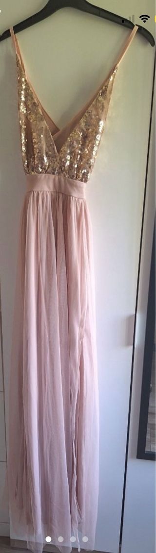 Vestido largo lentejuelas rosa palo y oro