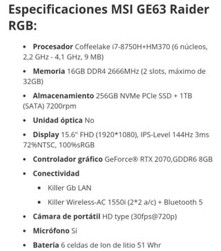 Portátil MSI GE 63 RAIDER RGB 85F
