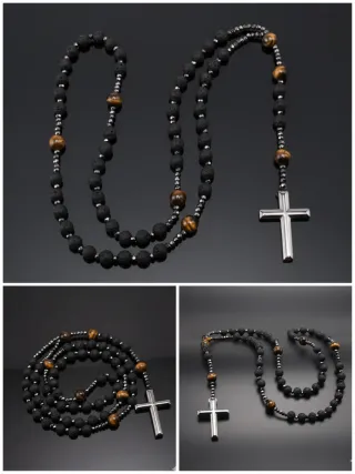 Collana Rosario - Ematite, Lava e Tiger Eye 70 cm.