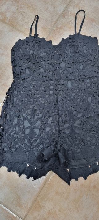 ✅️Vestido de fiesta negro con lazo,mono corto enca