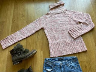 Jersey cuello alto ajustado rosa blanco T.S
