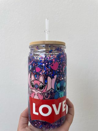 Bicchiere glitter Stitch e Angel LOVE