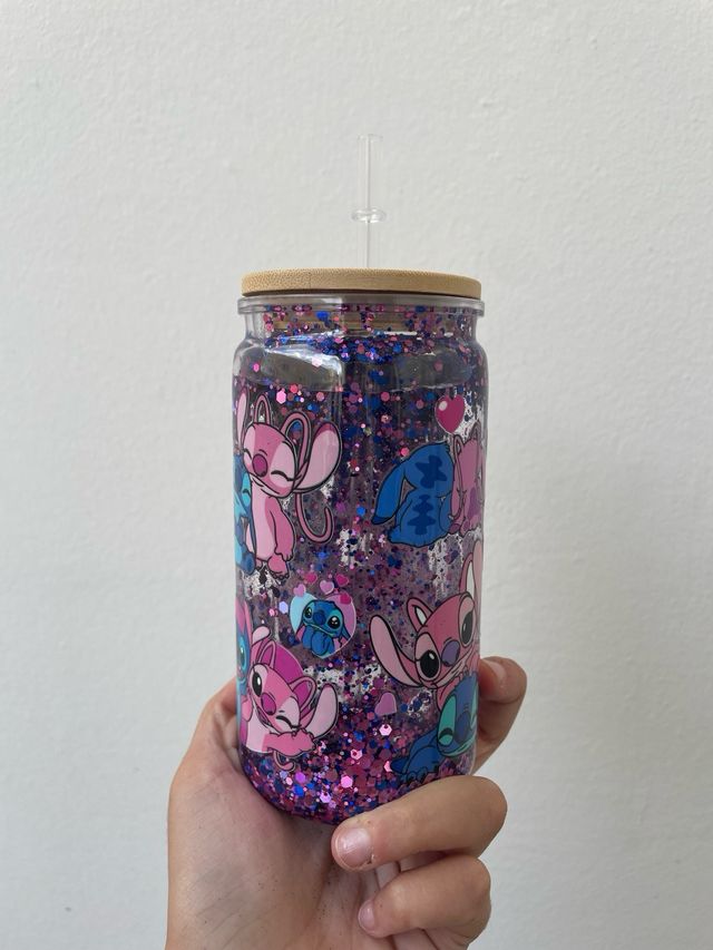 Bicchiere glitter Stitch e Angel LOVE