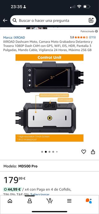 Dash Cam Moto 2 Cámaras + GPS