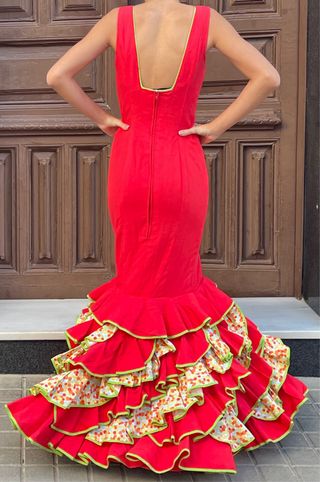 Traje de flamenca rojo T XS S elástico 