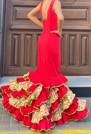 Traje de flamenca rojo T XS S elástico 