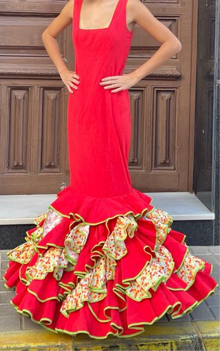 Traje de flamenca rojo T XS S elástico 