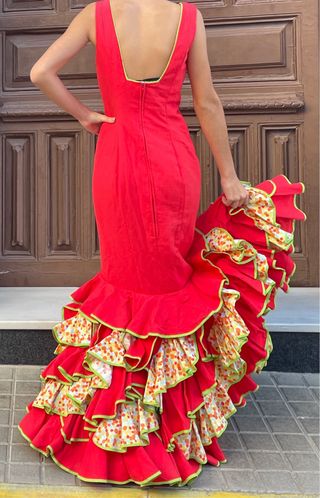 Traje de flamenca rojo T XS S elástico 