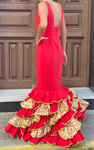 Traje de flamenca rojo T XS S elástico 