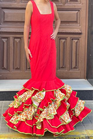 Traje de flamenca rojo T XS S elástico 