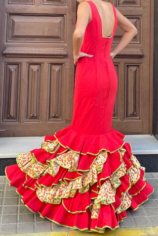 Traje de flamenca rojo T XS S elástico 