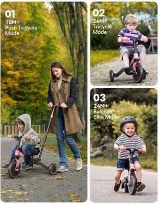 Triciclo infantil rosa con manillar de control