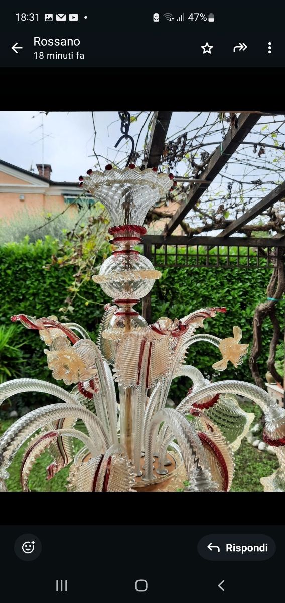 Lampadario Murano 6 luci rosso trasparente