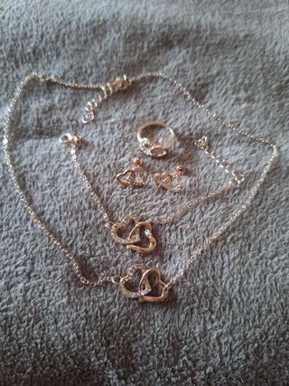 Conjunto Joyas Corazones Cadena, Pulsera y Anillo
