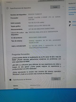 PC Gaming i3 10100F 16GB RTX 3050 480gb W10 pro