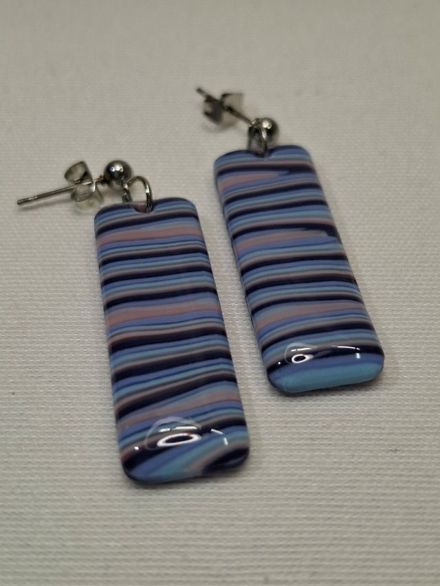 Pendientes Rectangulares Rayas Azules y Rosas