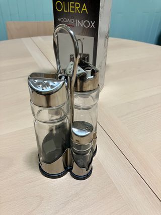 Juego Vinagreras, pimentero y Acero Inox y Cristal