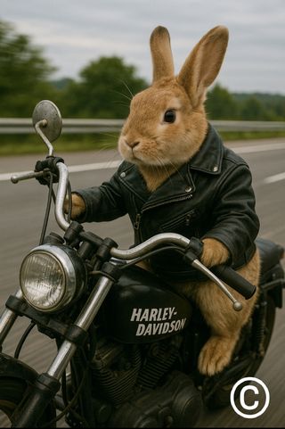 Poster digitale di un coniglio su moto