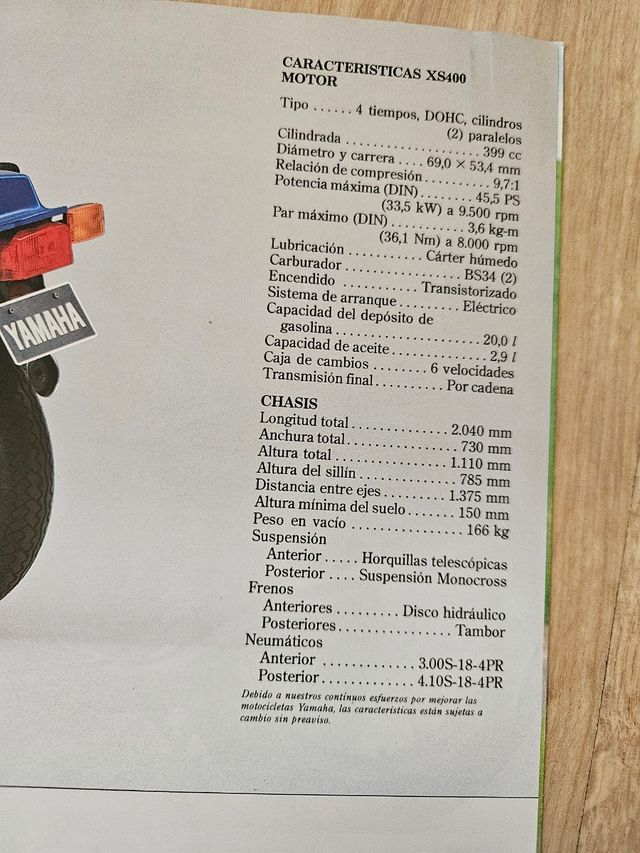 Hoja Publicitaria Yamaha XS400
