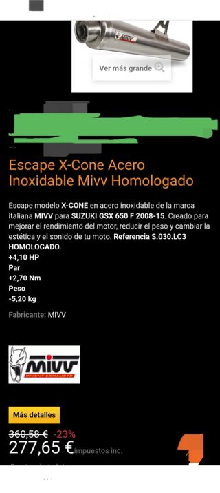 Tubo de escape Mivv Suzuki GSX650F / GSF650